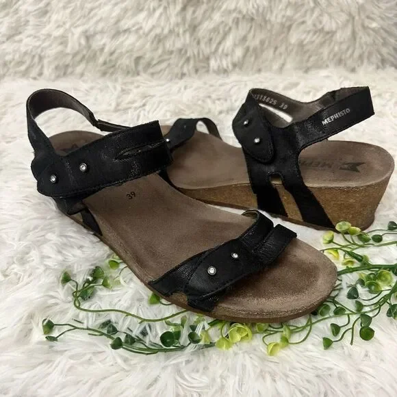 Mephisto Shoes Mephistominoa Liz Leather Black Shimmer Wedge